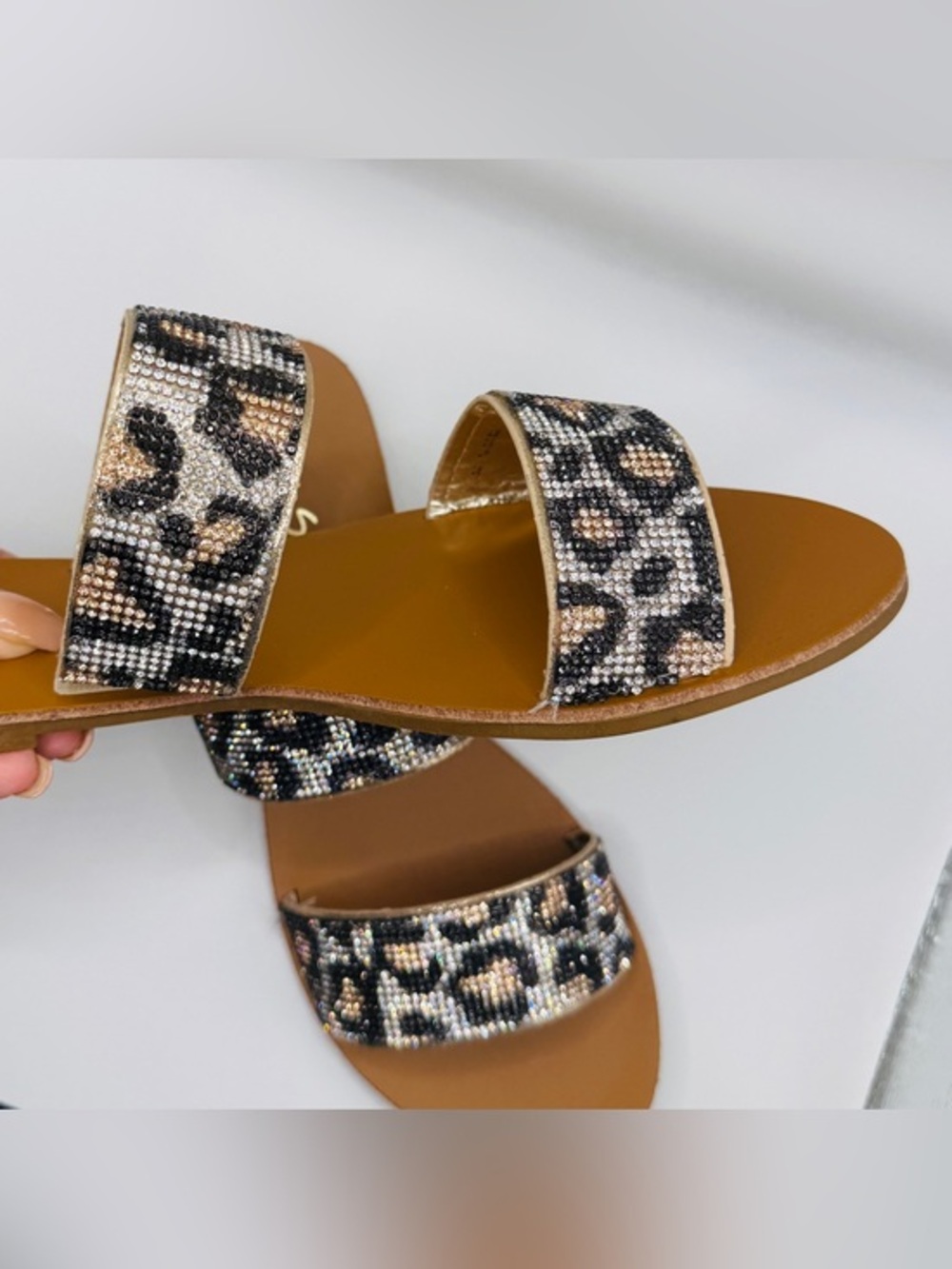 Women’s Leopard Print Shimmer Double-Strap Slide Sandals - Size 7